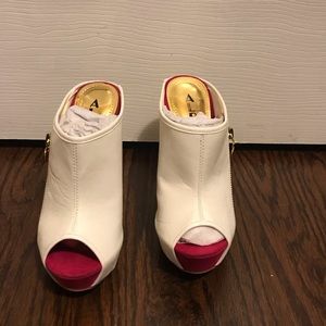 Pink and white peep toe wedge size8